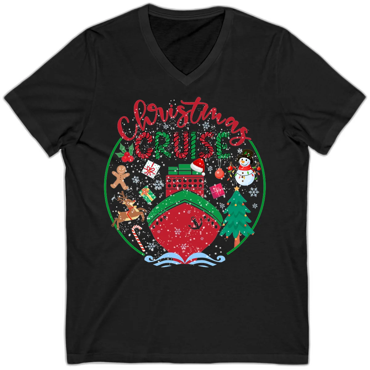 Cruising Cheer Holiday V-Neck Cruise Tee in Black