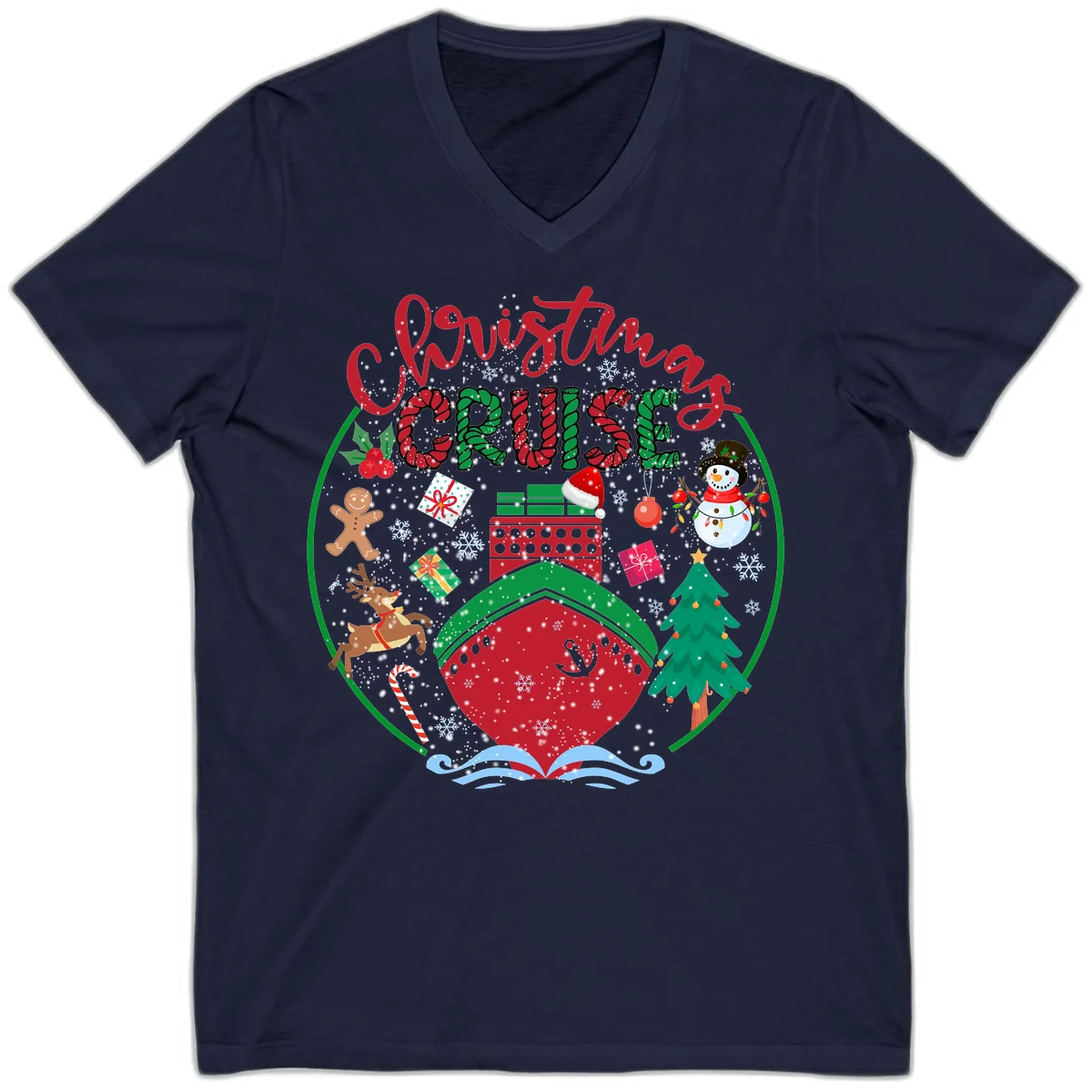 Cruising Cheer Holiday V-Neck Cruise Tee in Navy