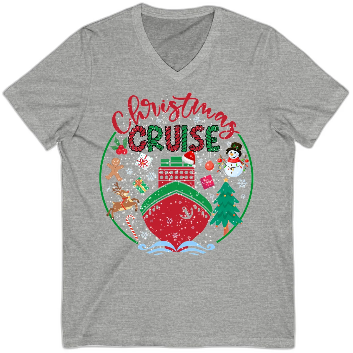 Cruising Cheer Holiday V-Neck Cruise Tee in Athletic Heather