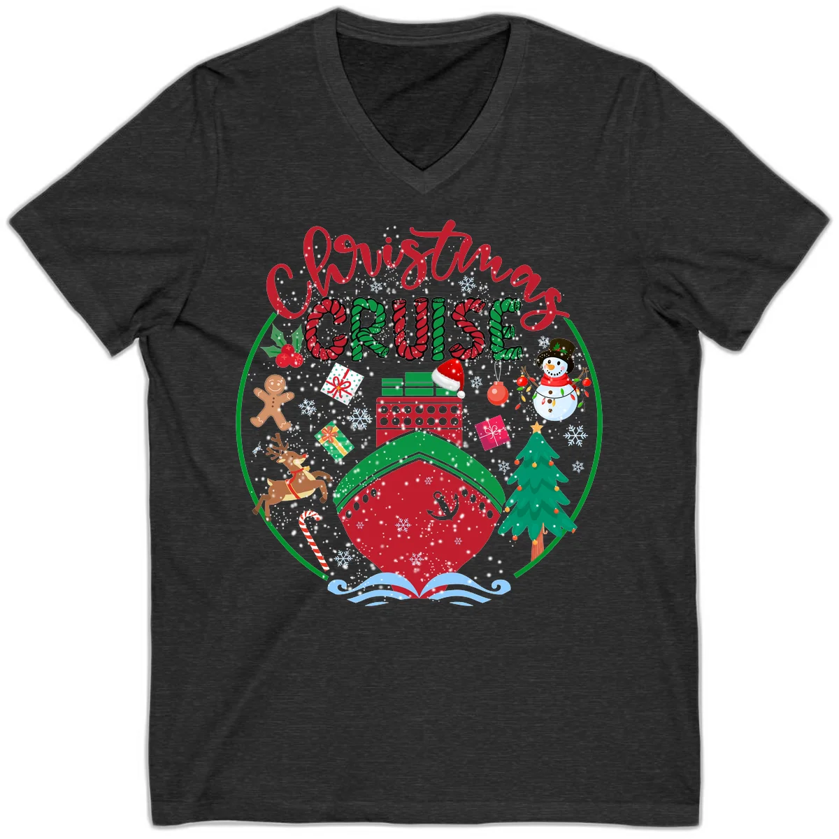 Cruising Cheer Holiday V-Neck Cruise Tee in Dark Grey Heather