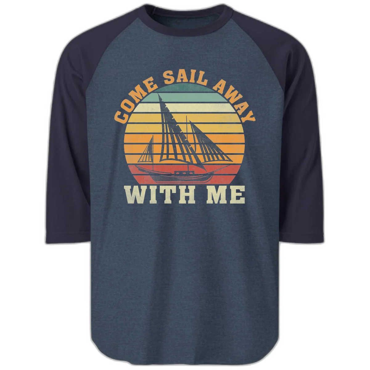 Come Sail Away With Me Retro Raglan 3/4 Tee in Heather Denim Navy