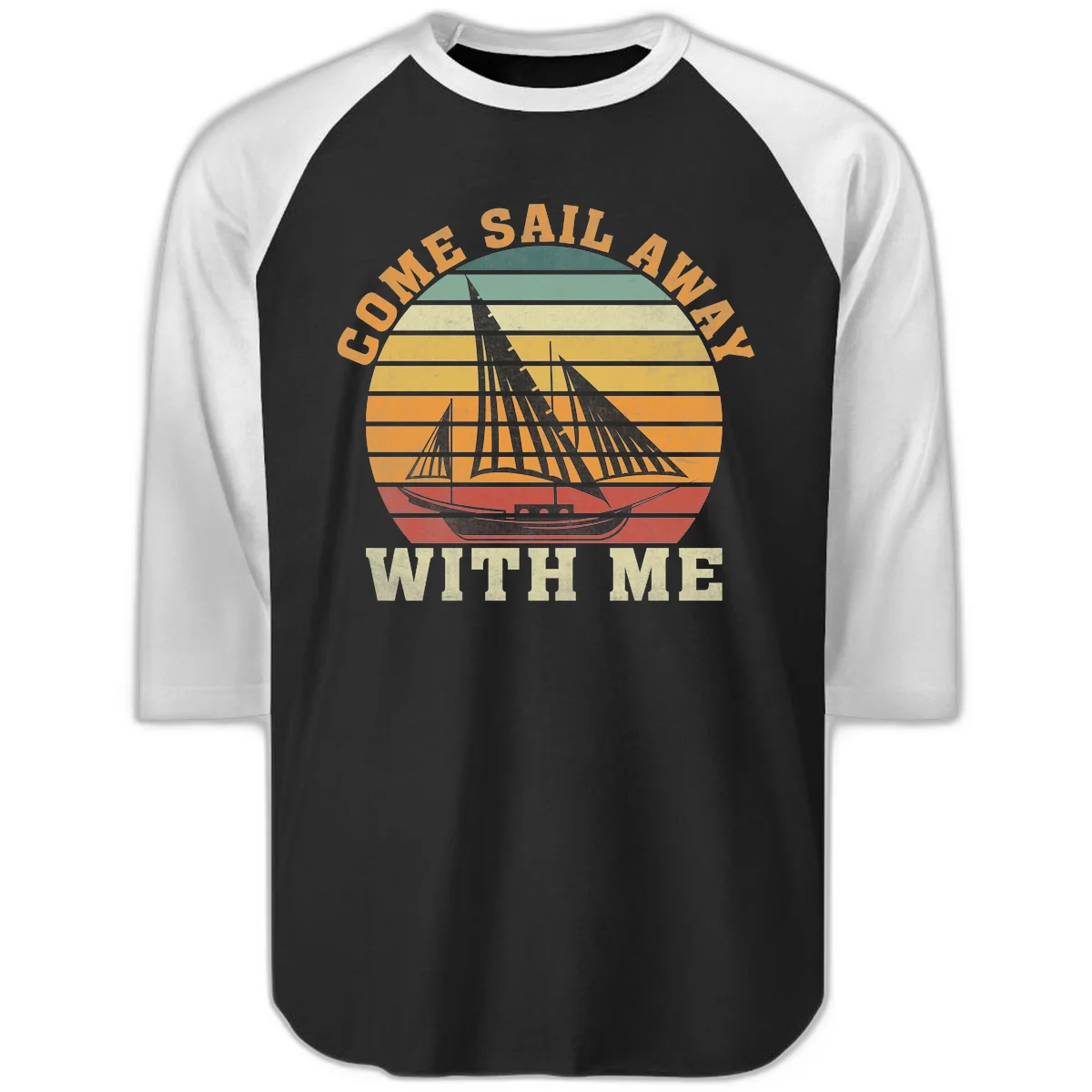 Come Sail Away With Me Retro Raglan 3/4 Tee in Black White