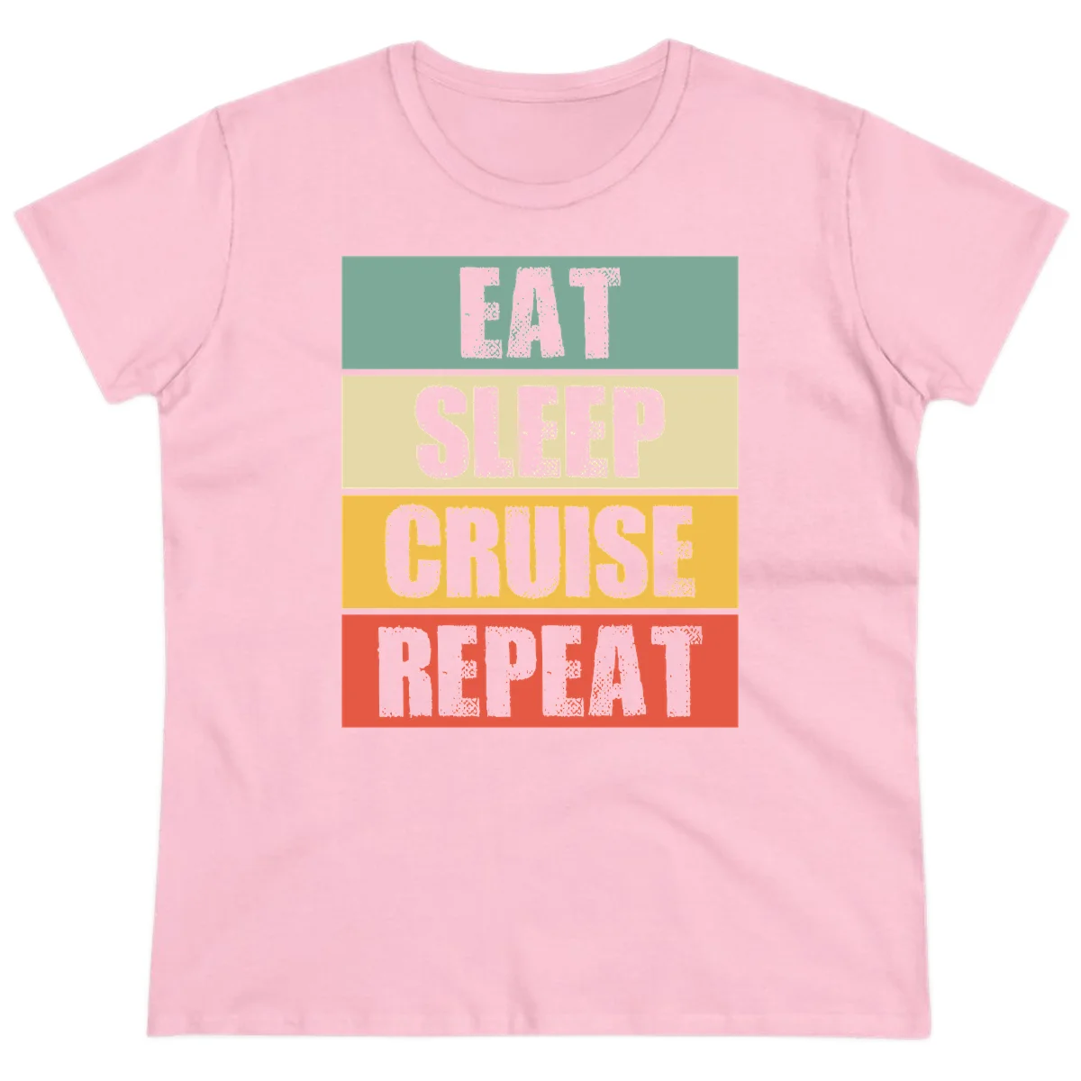 Eat Sleep Cruise Repeat Fun Ladies Vacation Tee in Light Pink