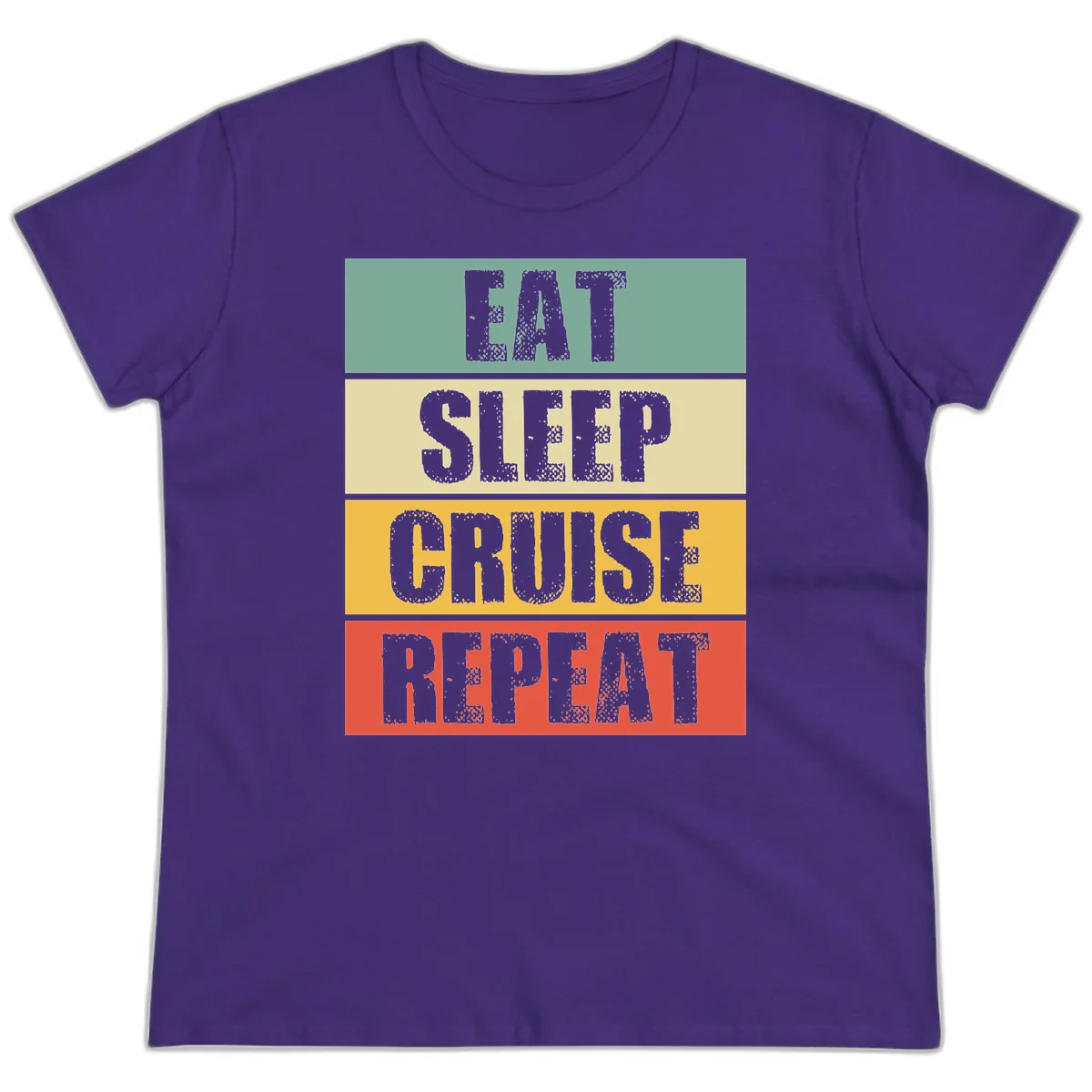 Eat Sleep Cruise Repeat Fun Ladies Vacation Tee in Purple