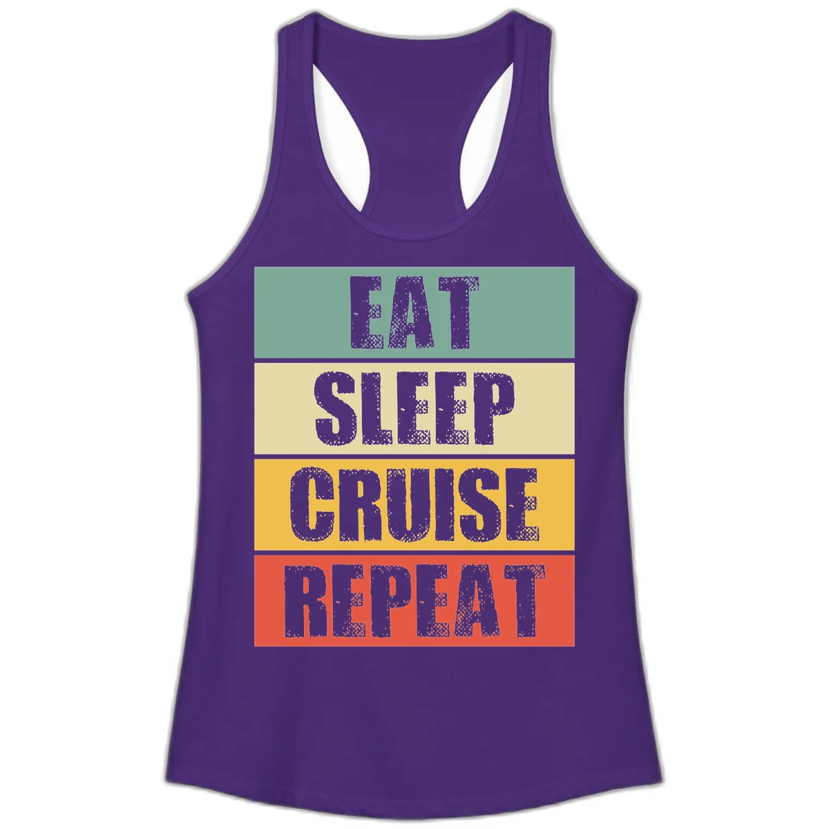 Eat Sleep Cruise Repeat Ladies Racerback Tank in Solid Purple Rush