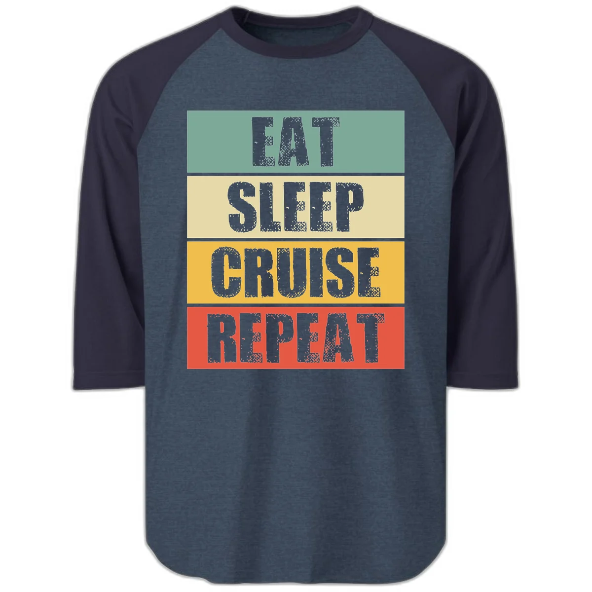 Eat Sleep Cruise Repeat Baseball Raglan Tee in Heather Denim Navy