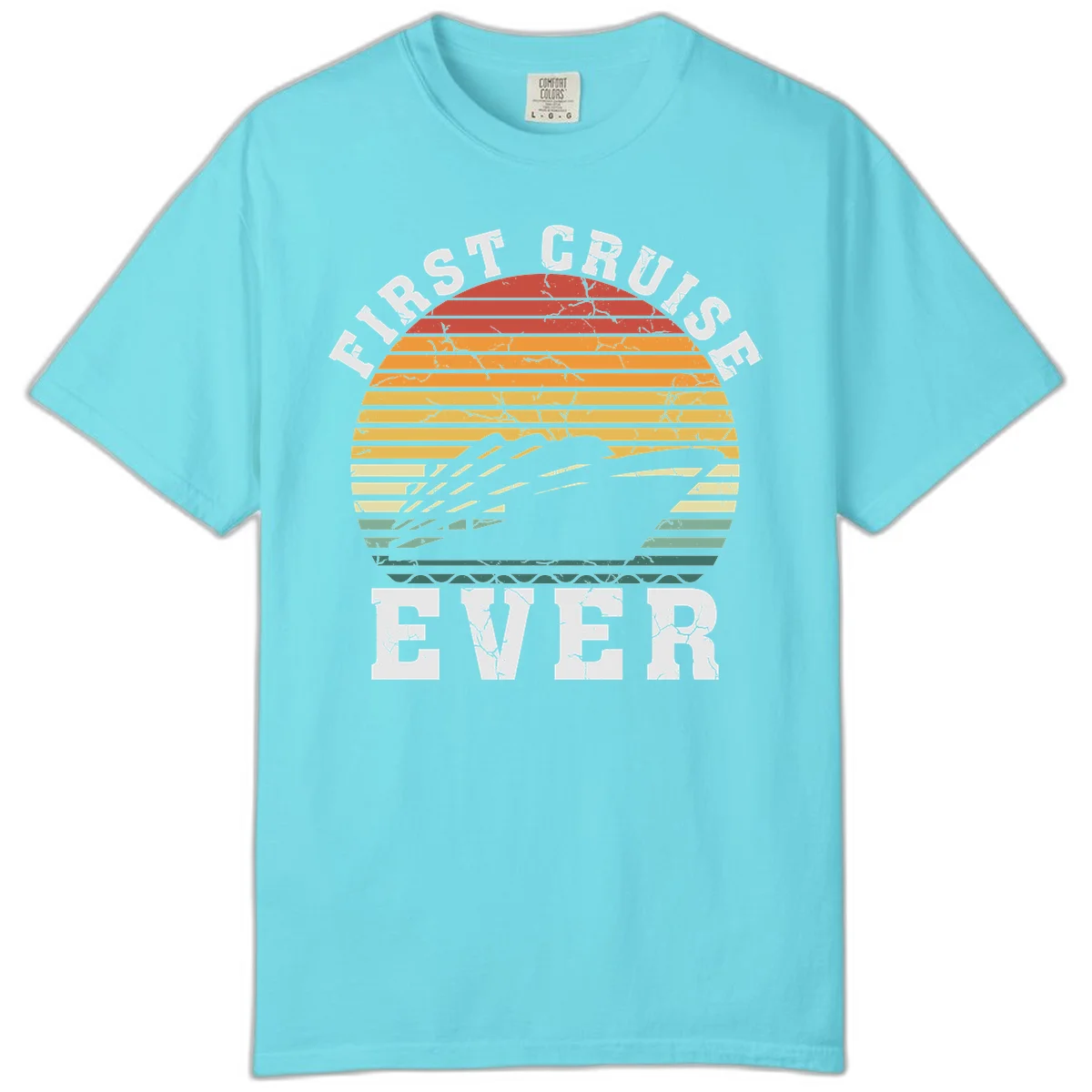 First Cruise Ever Retro Sunset Comfort Color T-Shirt in Lagoon Blue