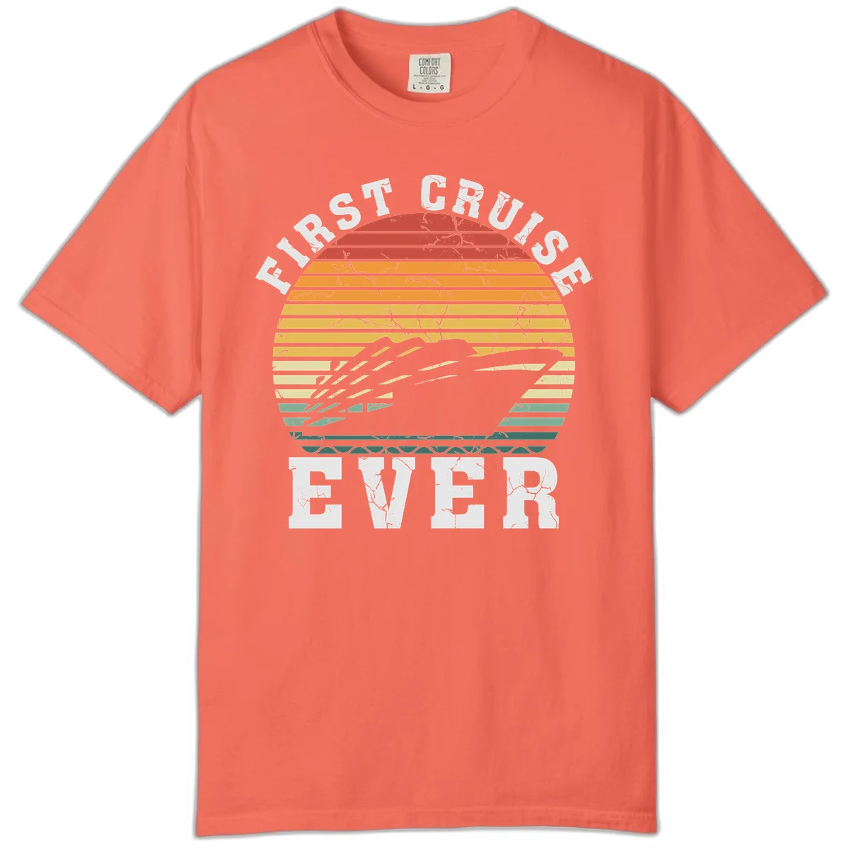 First Cruise Ever Retro Sunset Comfort Color T-Shirt in Bright Salmon