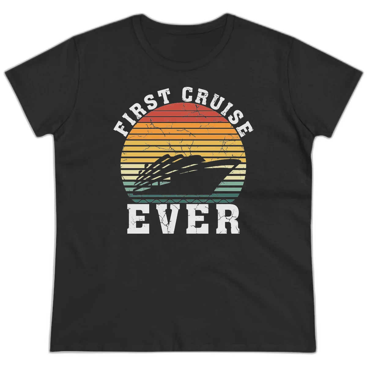 First Cruise Ever Retro Sunset Ladies Tee in Black