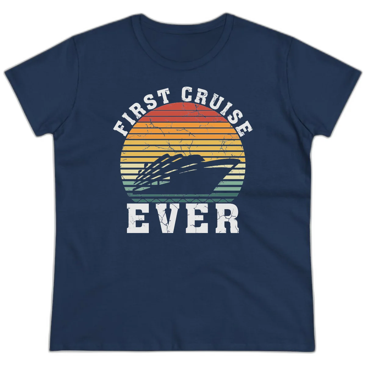 First Cruise Ever Retro Sunset Ladies Tee in Navy