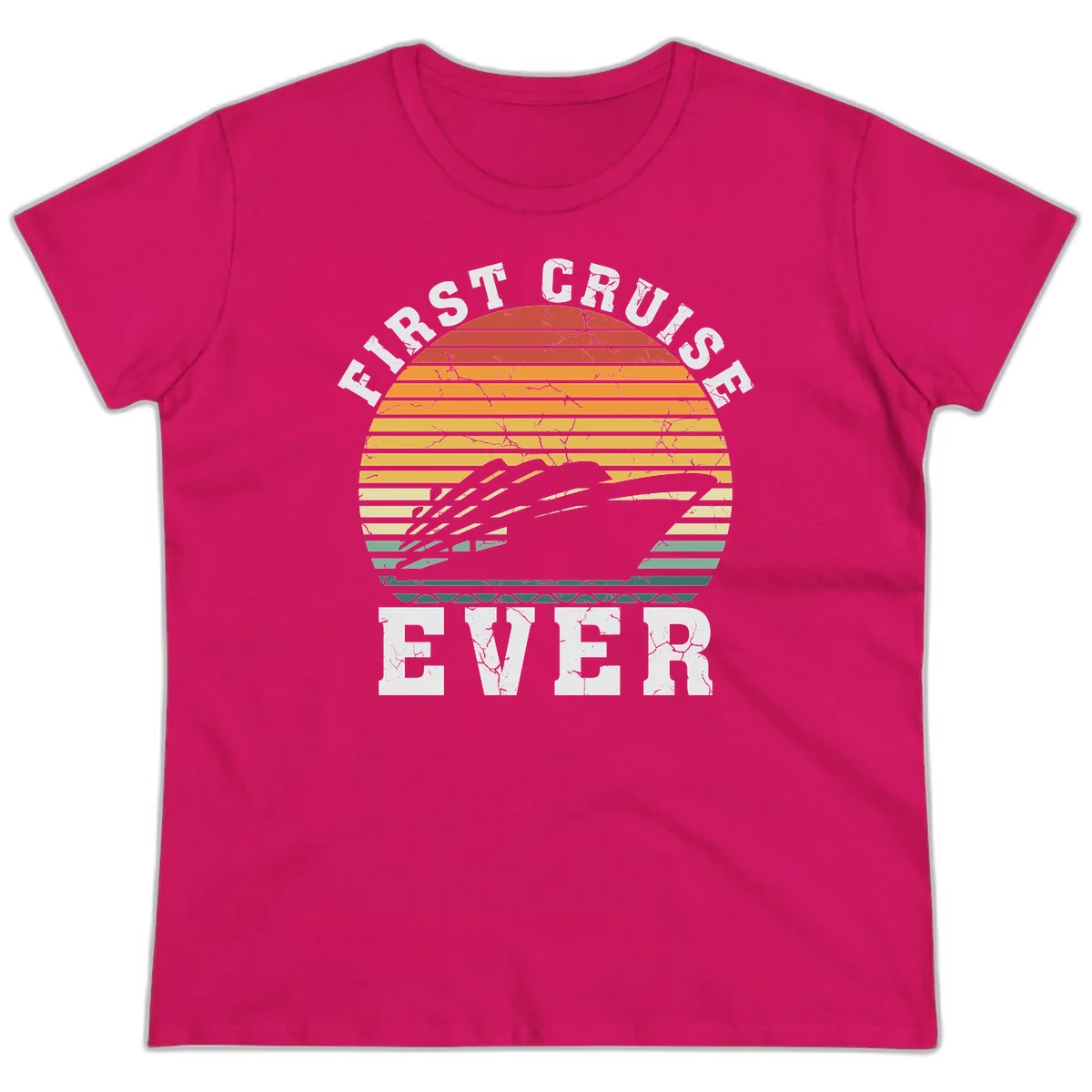 First Cruise Ever Retro Sunset Ladies Tee in Heliconia