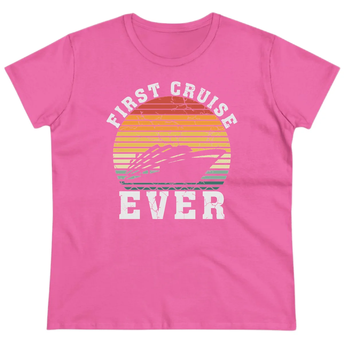 First Cruise Ever Retro Sunset Ladies Tee in Azalea