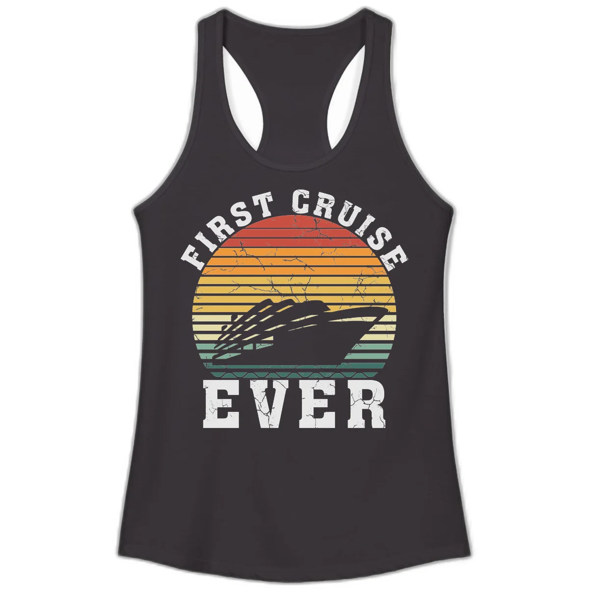 First Cruise Ever Retro Sunset Ladies Tank Top in Black