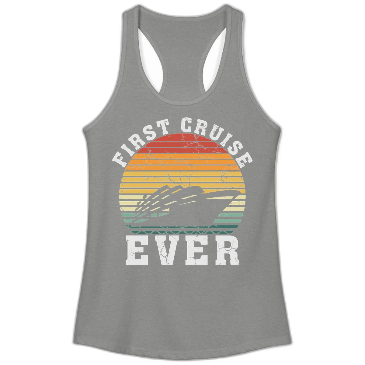 First Cruise Ever Retro Sunset Ladies Tank Top in Heather Grey