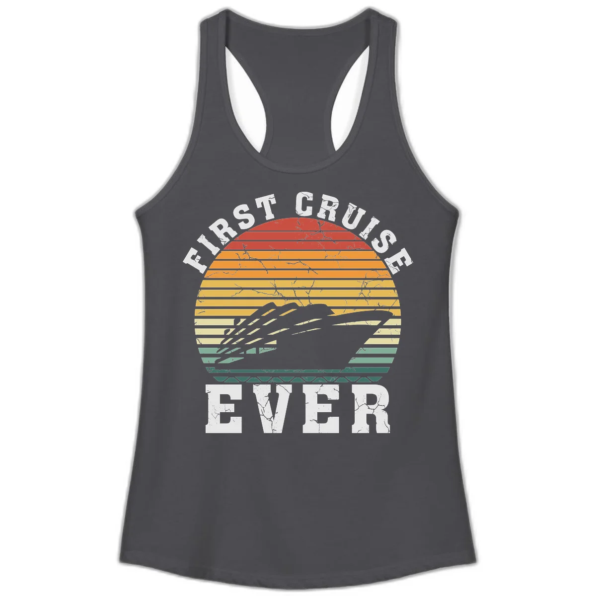 First Cruise Ever Retro Sunset Ladies Tank Top in Solid Dark Gray