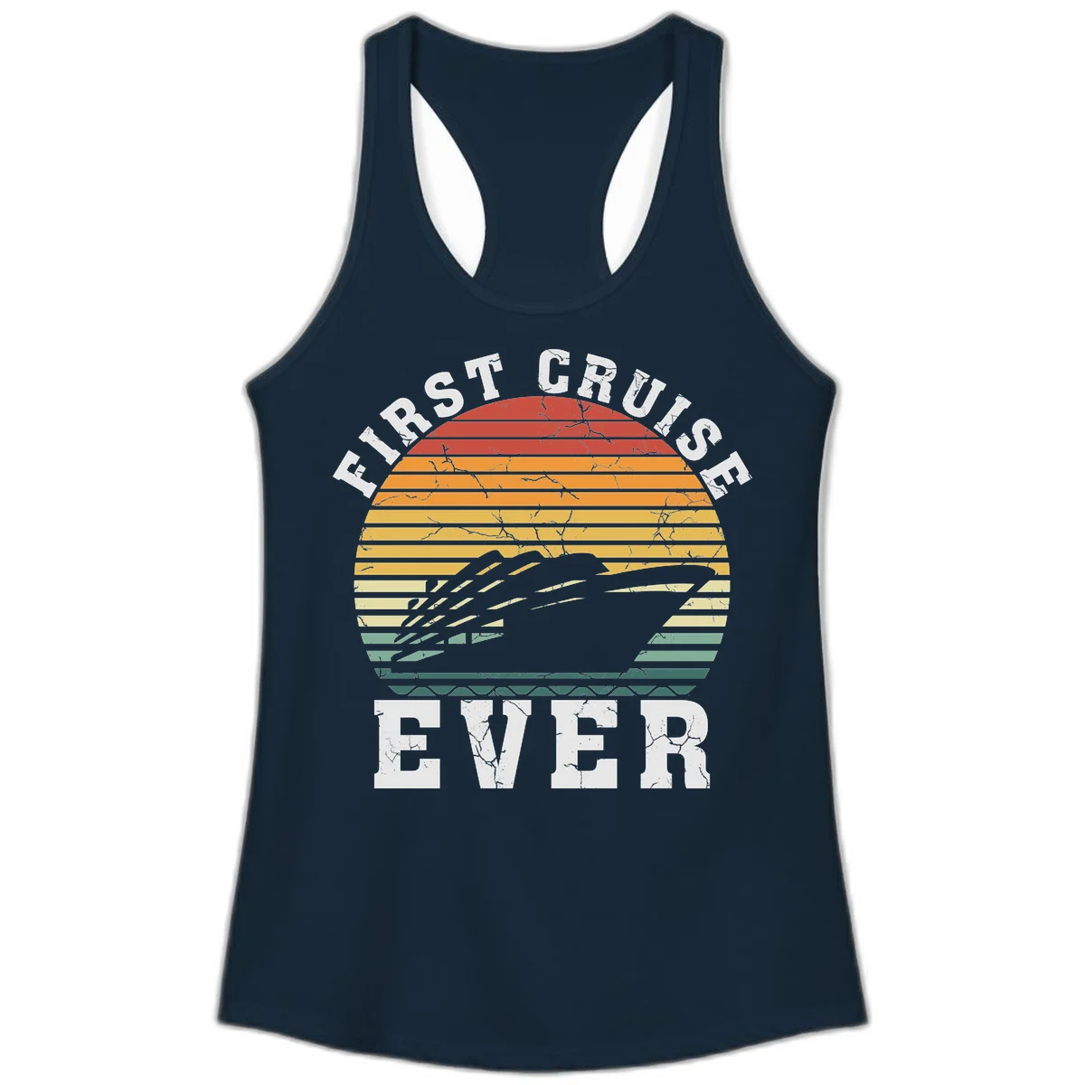 First Cruise Ever Retro Sunset Ladies Tank Top in Solid Midnight Navy