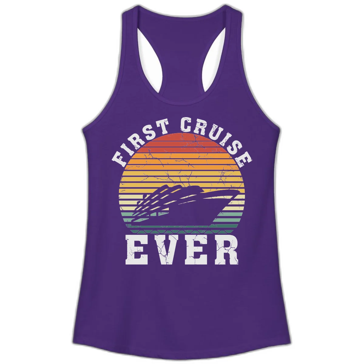 First Cruise Ever Retro Sunset Ladies Tank Top in Solid Purple Rush