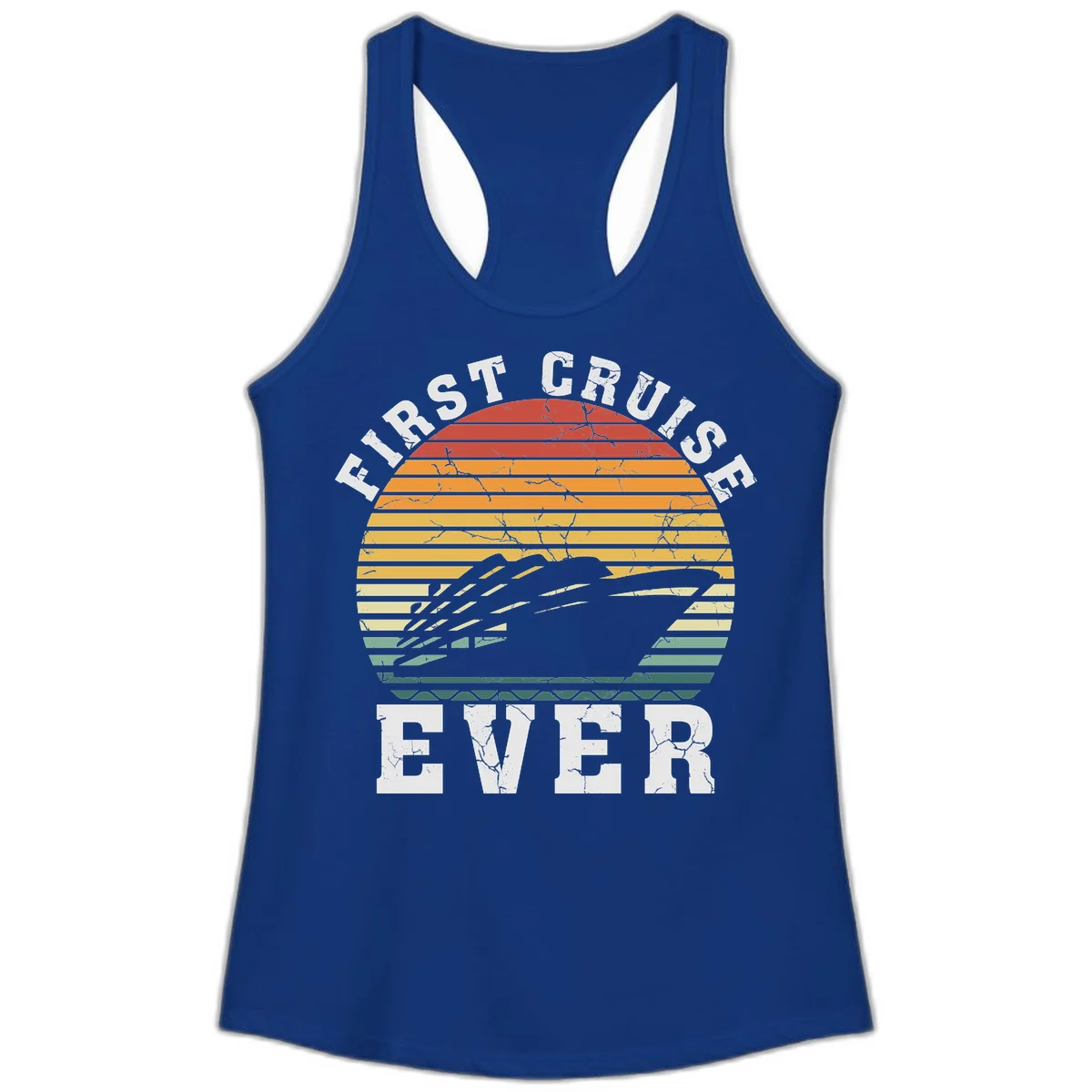 First Cruise Ever Retro Sunset Ladies Tank Top in Solid Royal