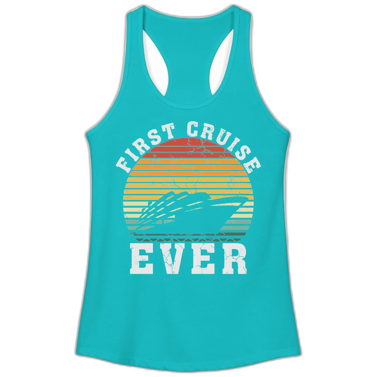 First Cruise Ever Retro Sunset Ladies Tank Top in Tahiti Blue