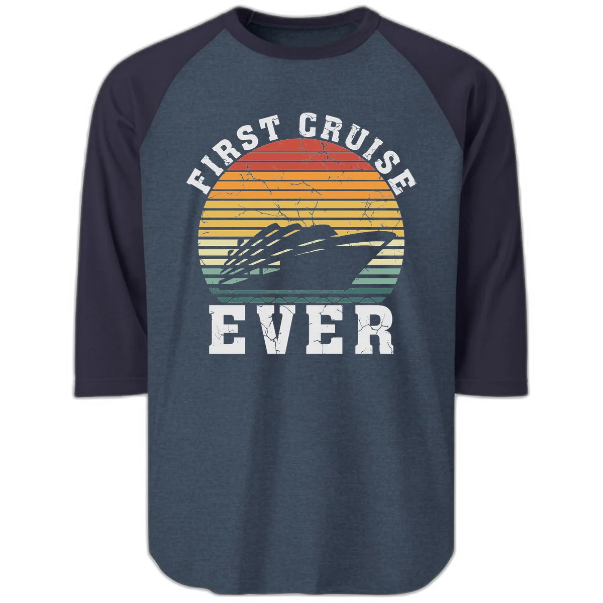 First Cruise Ever Retro Sunset Raglan 3/4 Sleeve Tee in Heather Denim Navy