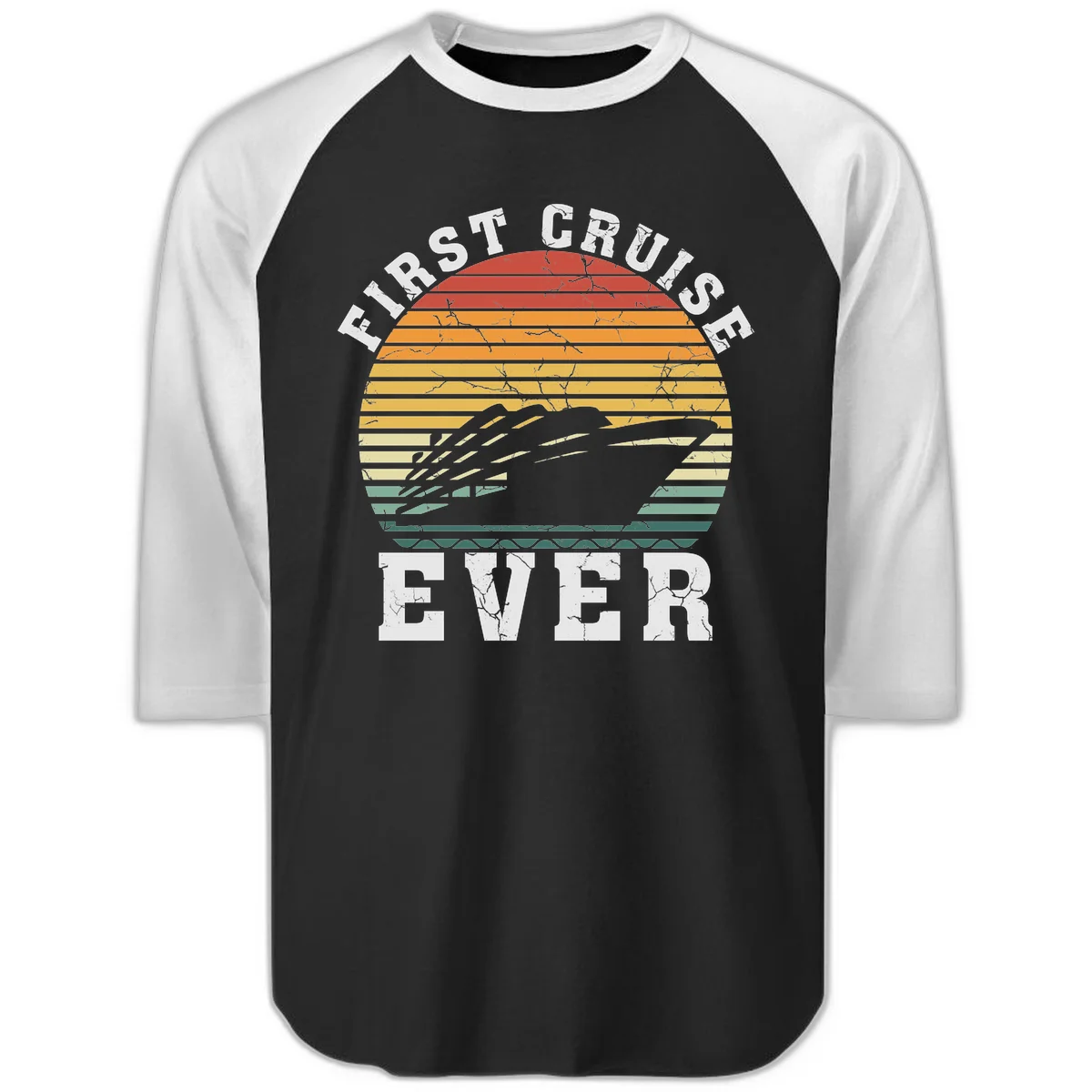 First Cruise Ever Retro Sunset Raglan 3/4 Sleeve Tee in Black White