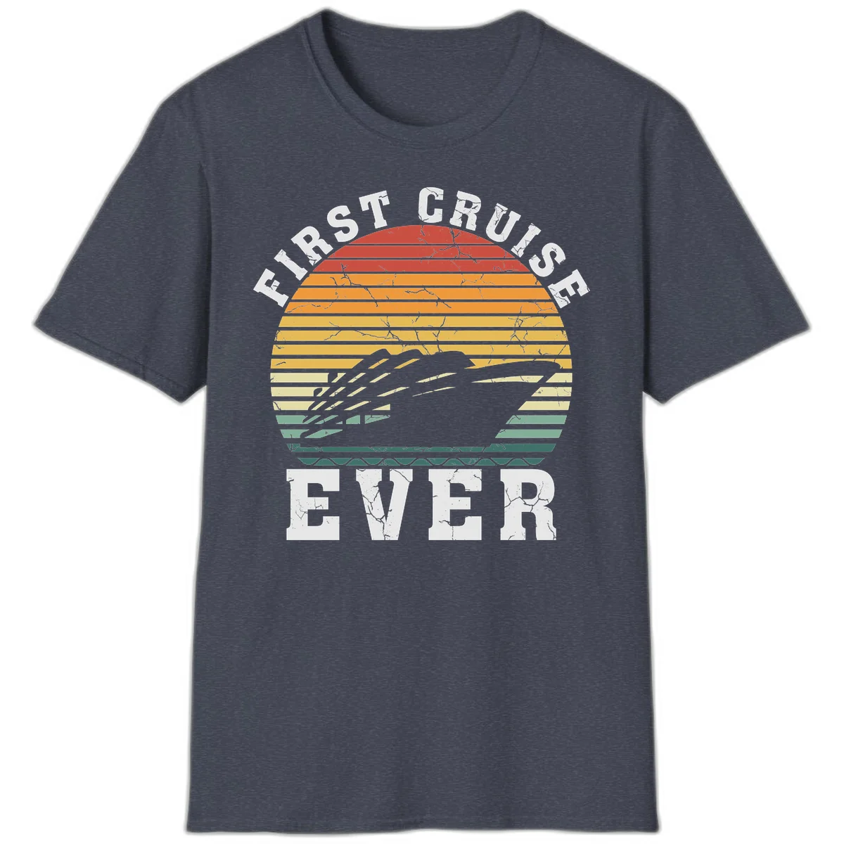 First Cruise Ever Retro Sunset T-Shirt in Heather Navy