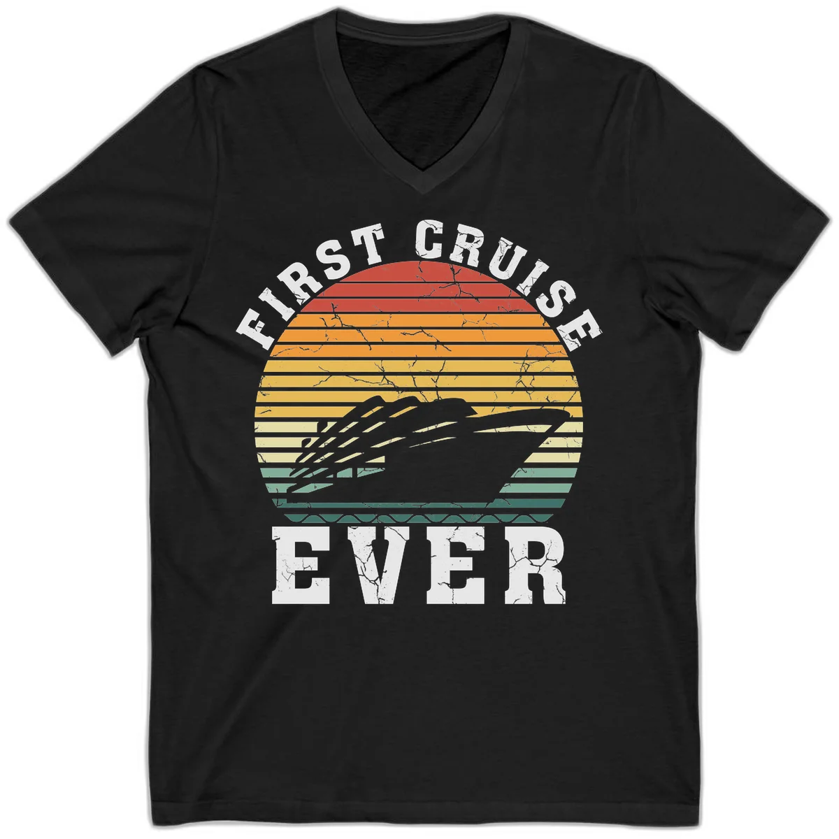First Cruise Ever Retro Sunset V-Neck T-Shirt in Black