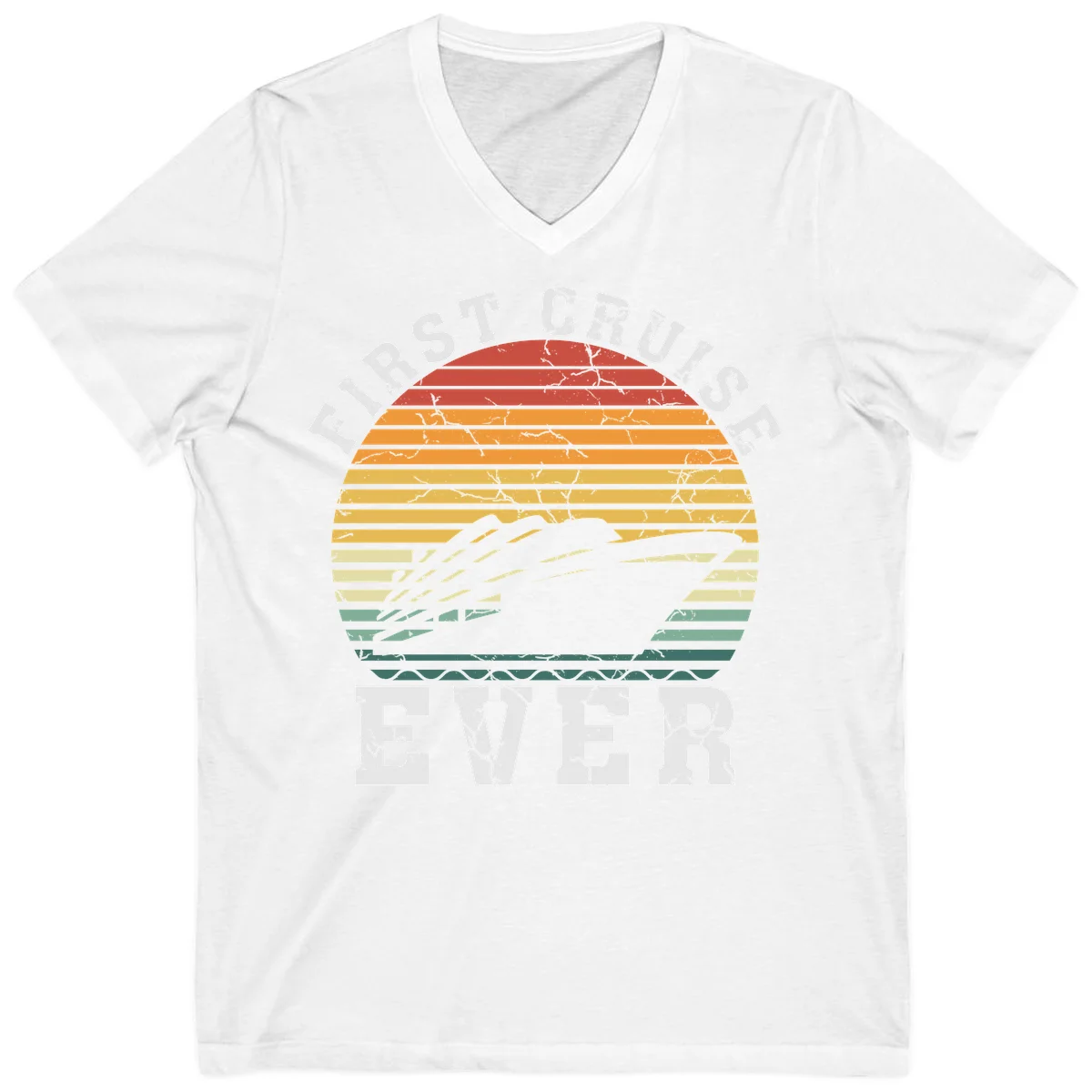 First Cruise Ever Retro Sunset V-Neck T-Shirt in White