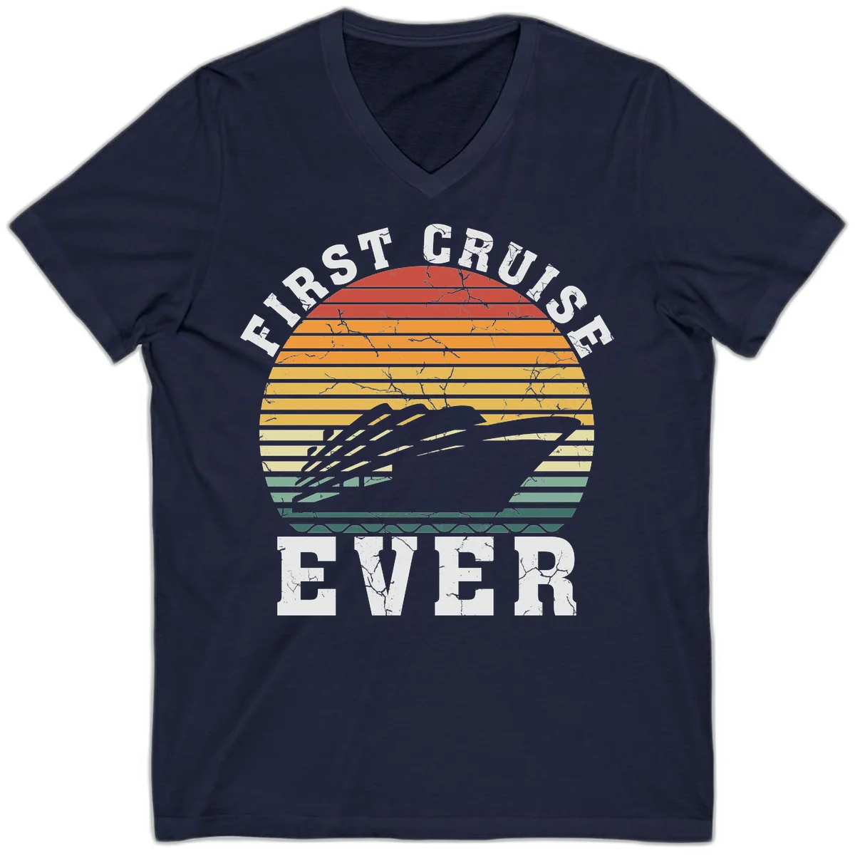 First Cruise Ever Retro Sunset V-Neck T-Shirt in Navy