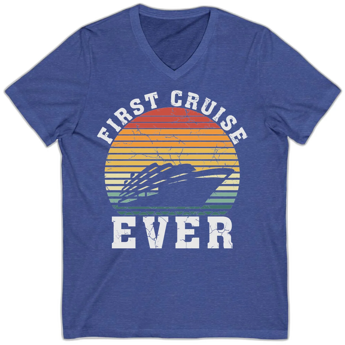 First Cruise Ever Retro Sunset V-Neck T-Shirt in Heather True Royal