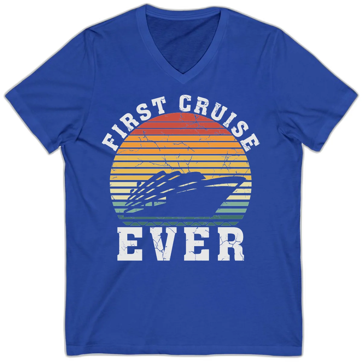 First Cruise Ever Retro Sunset V-Neck T-Shirt in True Royal