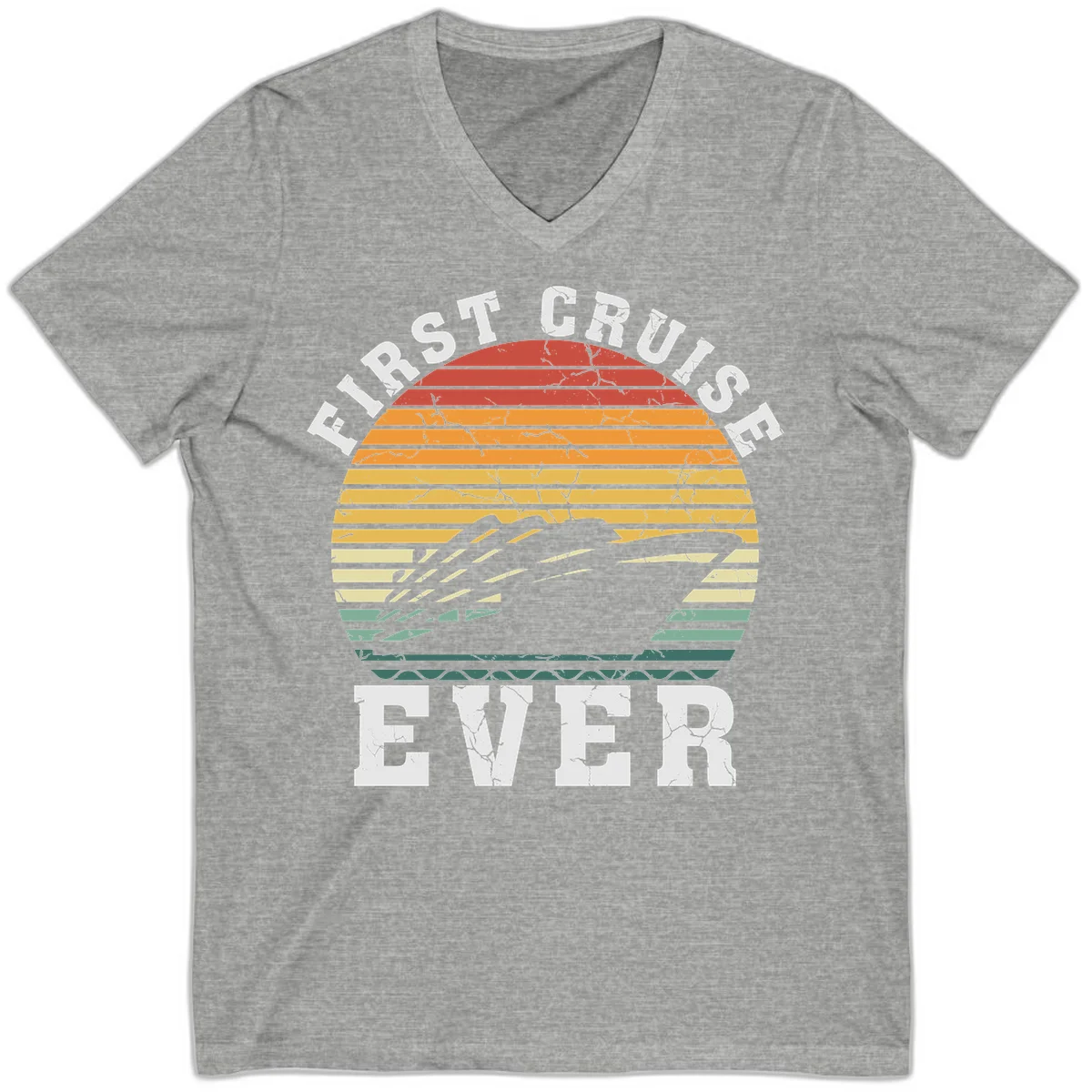 First Cruise Ever Retro Sunset V-Neck T-Shirt in Athletic Heather