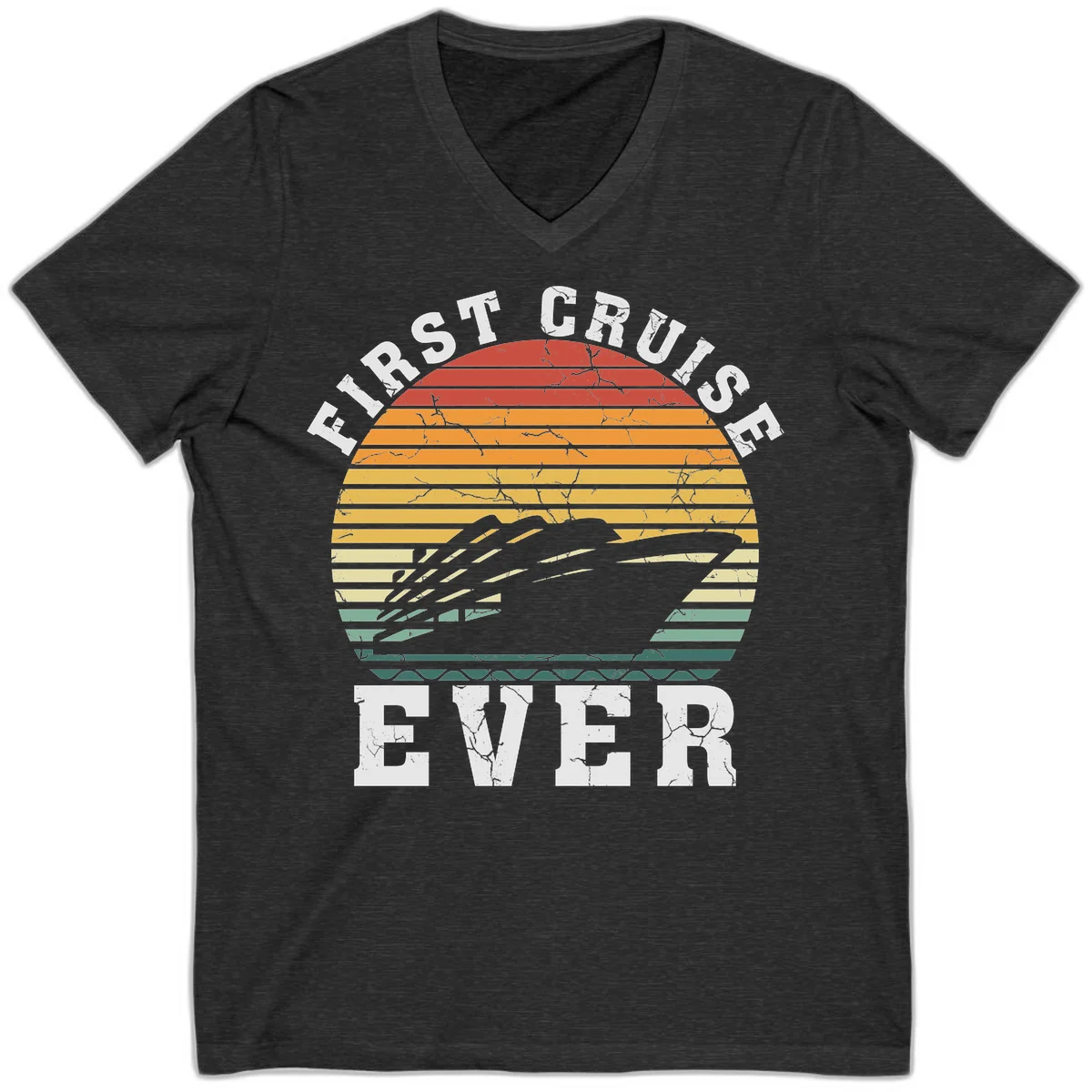 First Cruise Ever Retro Sunset V-Neck T-Shirt in Dark Grey Heather