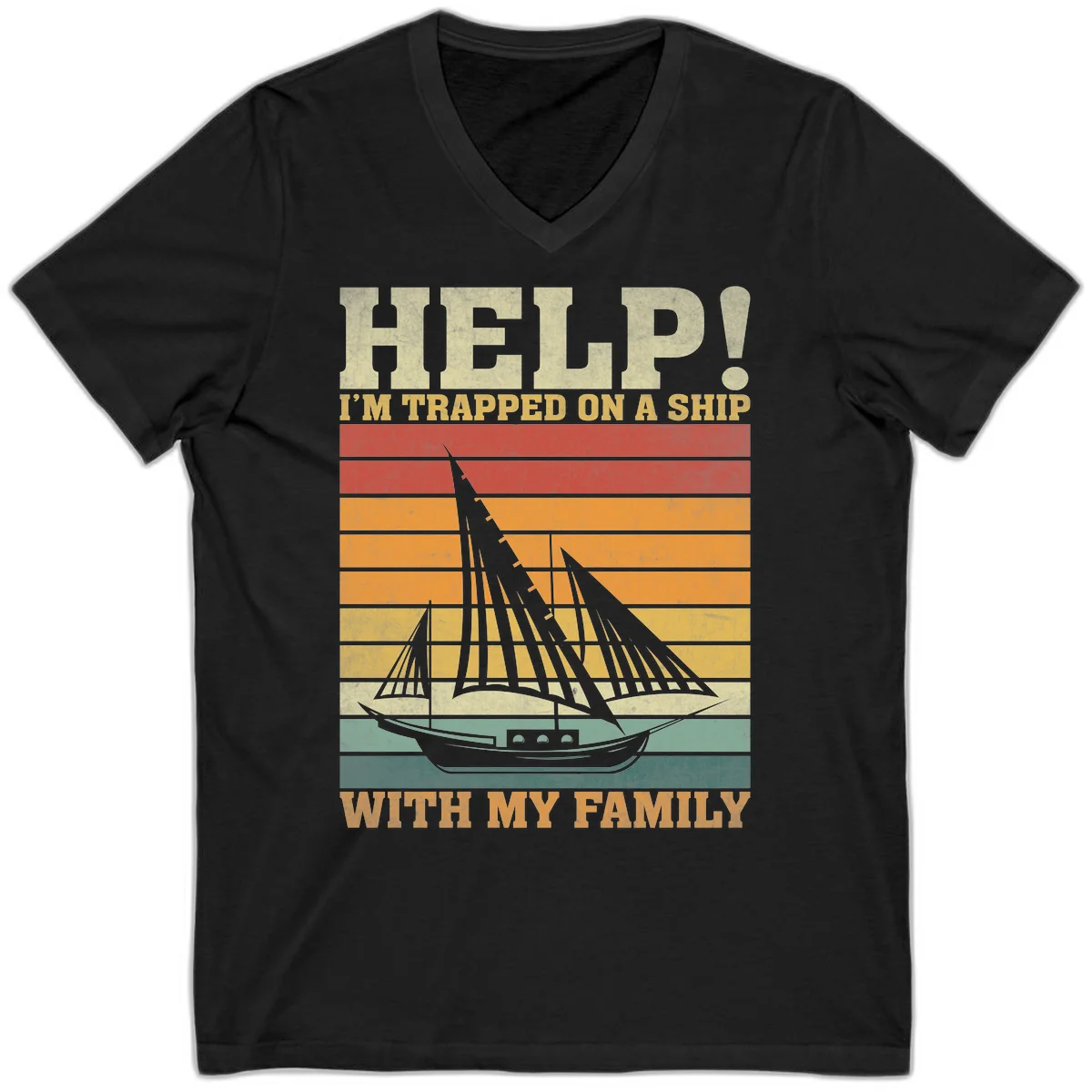 Help! I'm Trapped On A Ship With My Family V-Neck Tee in Black