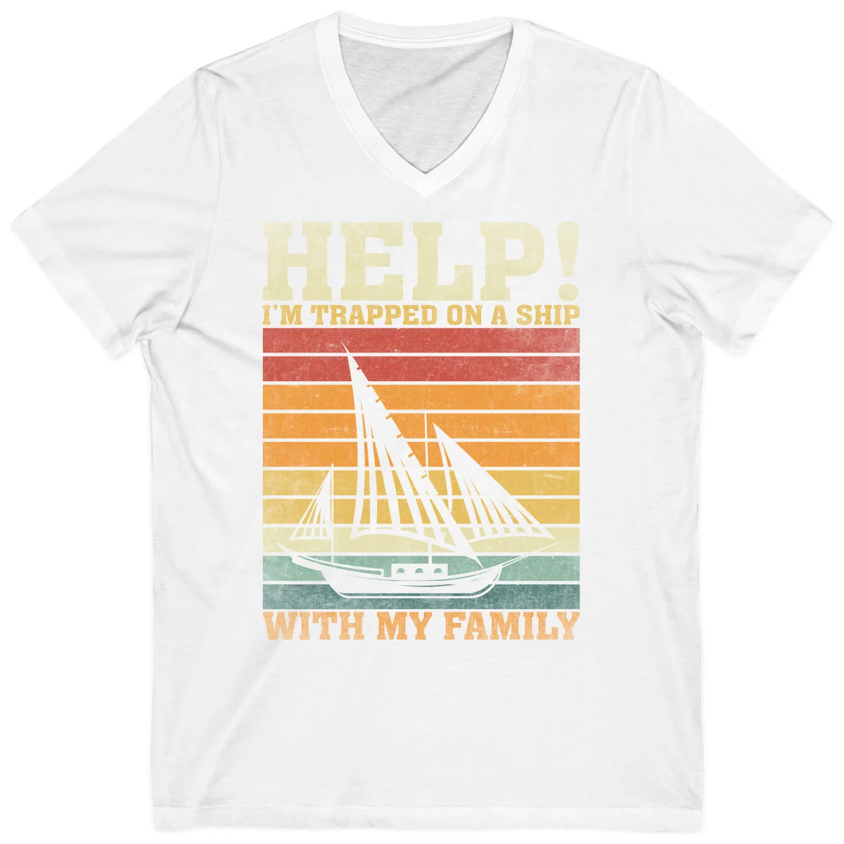 Help! I'm Trapped On A Ship With My Family V-Neck Tee in White
