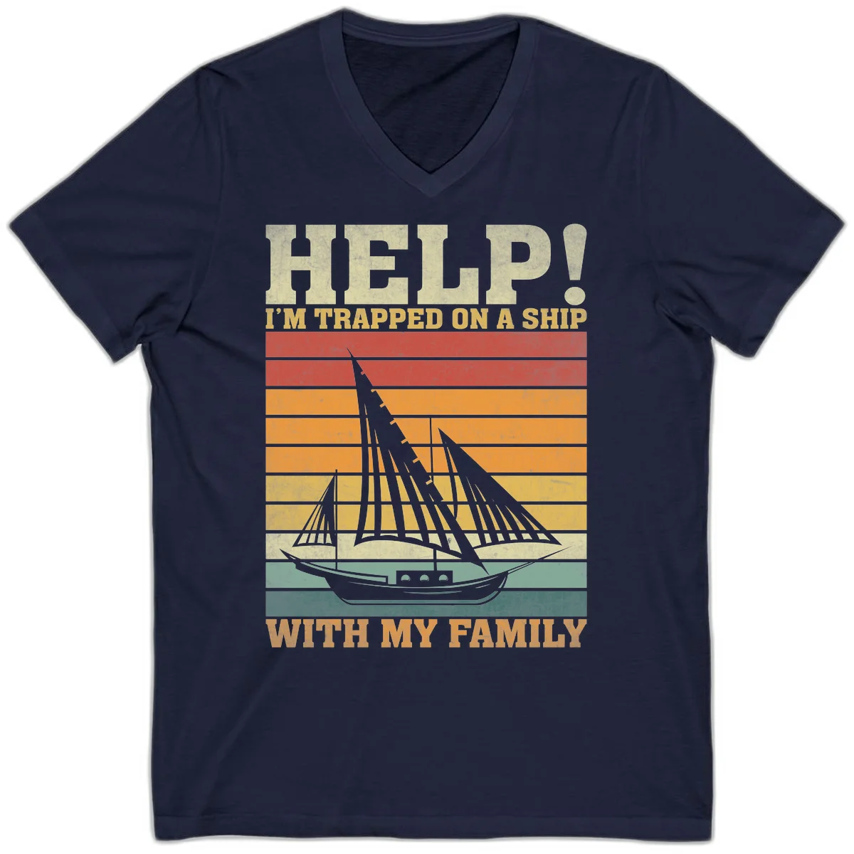 Help! I'm Trapped On A Ship With My Family V-Neck Tee in Navy