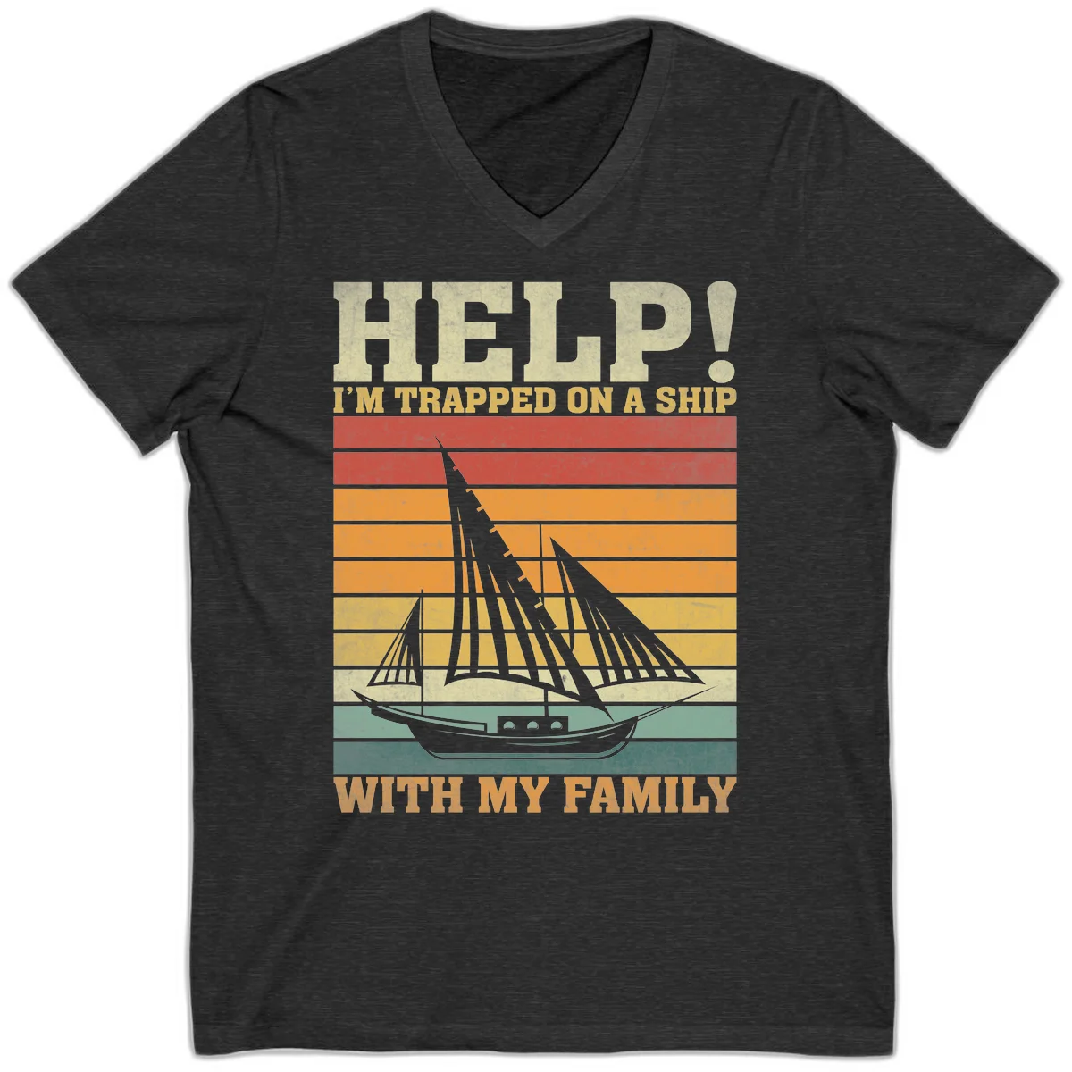 Help! I'm Trapped On A Ship With My Family V-Neck Tee in Dark Grey Heather