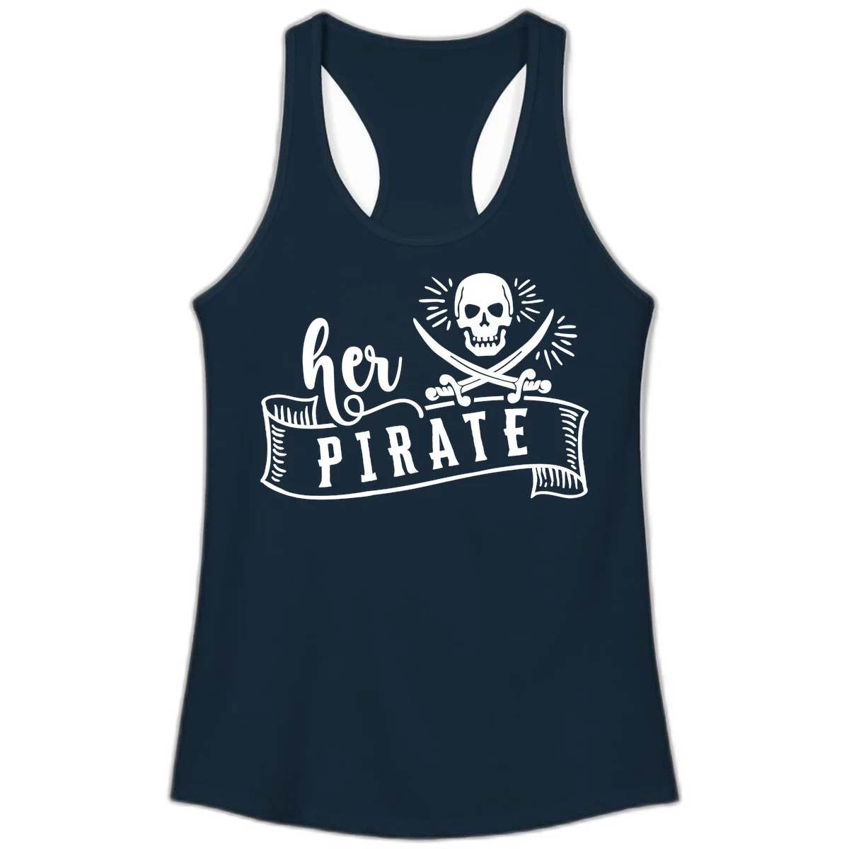 Ahoy Pirate Skull & Crossbones Ladies Tank in Solid Midnight Navy