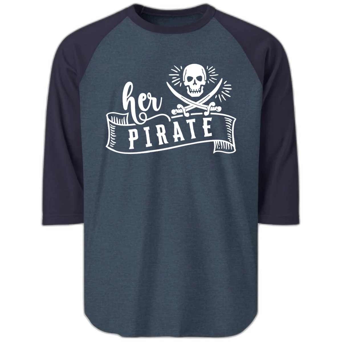 Ahoy Pirate Skull & Crossbones Raglan 3/4 in Heather Denim Navy
