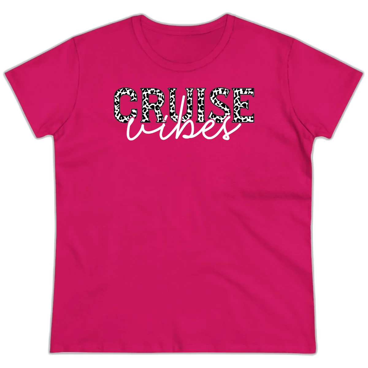 Cruise Vibes Leopard Print Ladies Tee in Heliconia