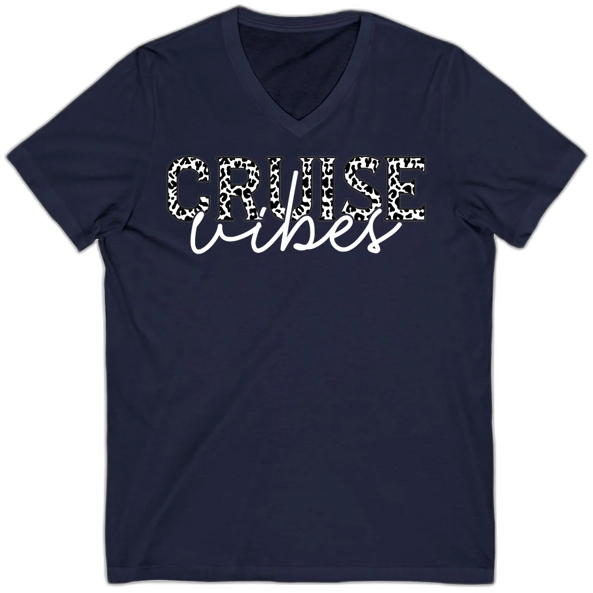 Cruise Vibes Leopard Print V-Neck T-Shirt in Navy