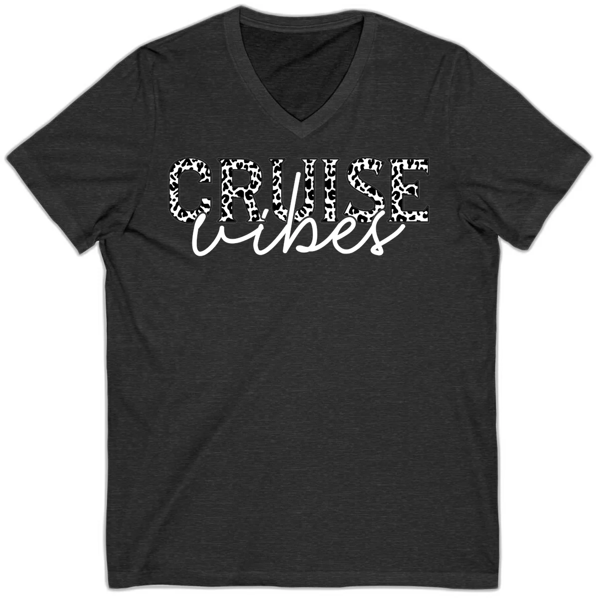 Cruise Vibes Leopard Print V-Neck T-Shirt in Dark Grey Heather