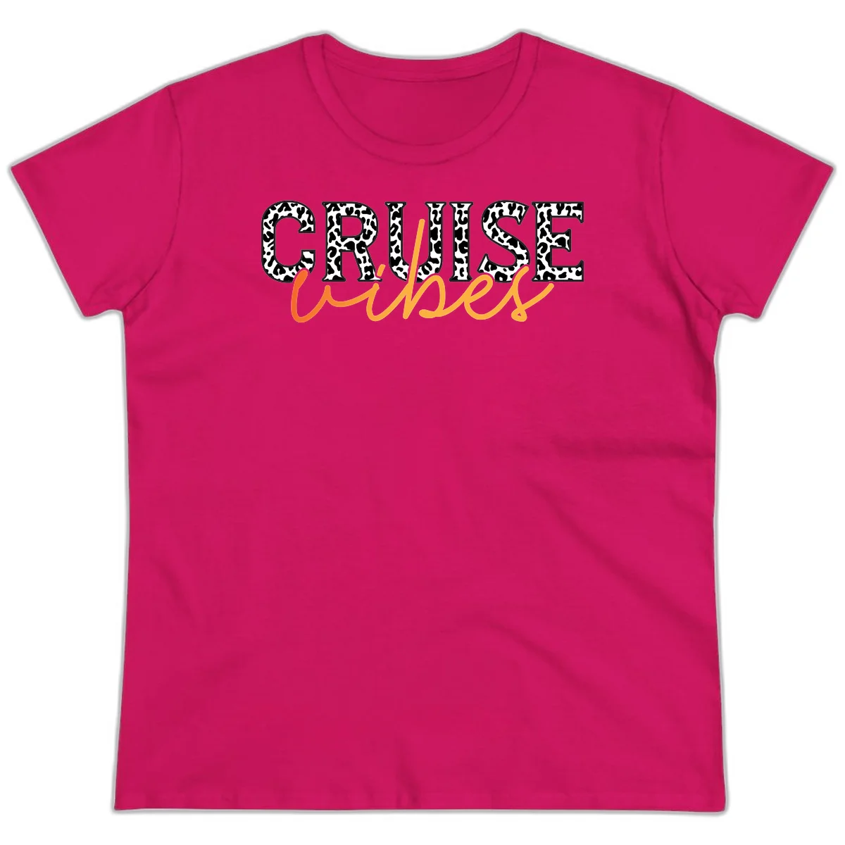 Cruise Vibes Leopard Print Ladies Tee in Heliconia