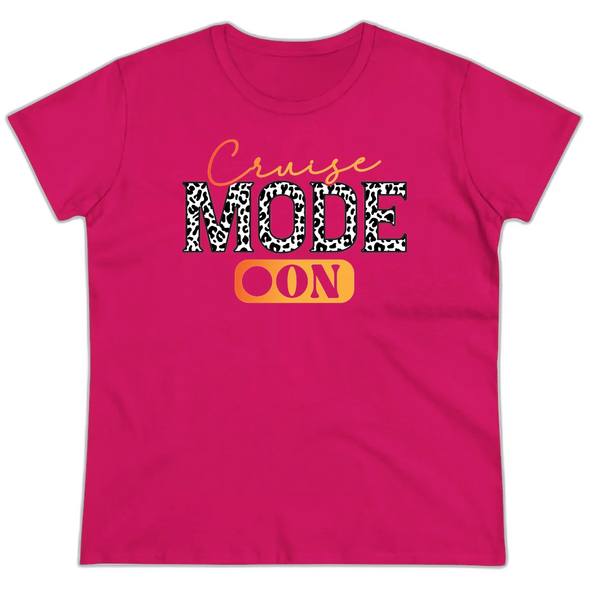 Cruise Mode Leopard Print Ladies Tee in Heliconia