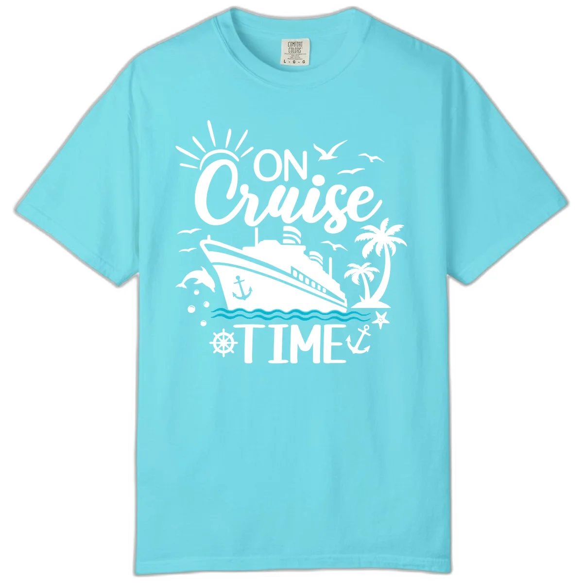 On Cruise Time Comfort Colors Tee for Vacation in Lagoon Blue