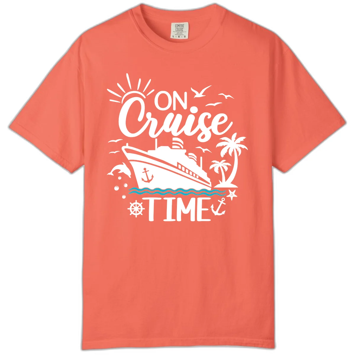 On Cruise Time Comfort Colors Tee for Vacation in Bright Salmon