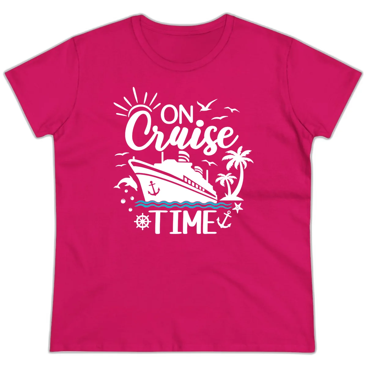 On Cruise Time Ladies Nautical Vacation Tee in Heliconia