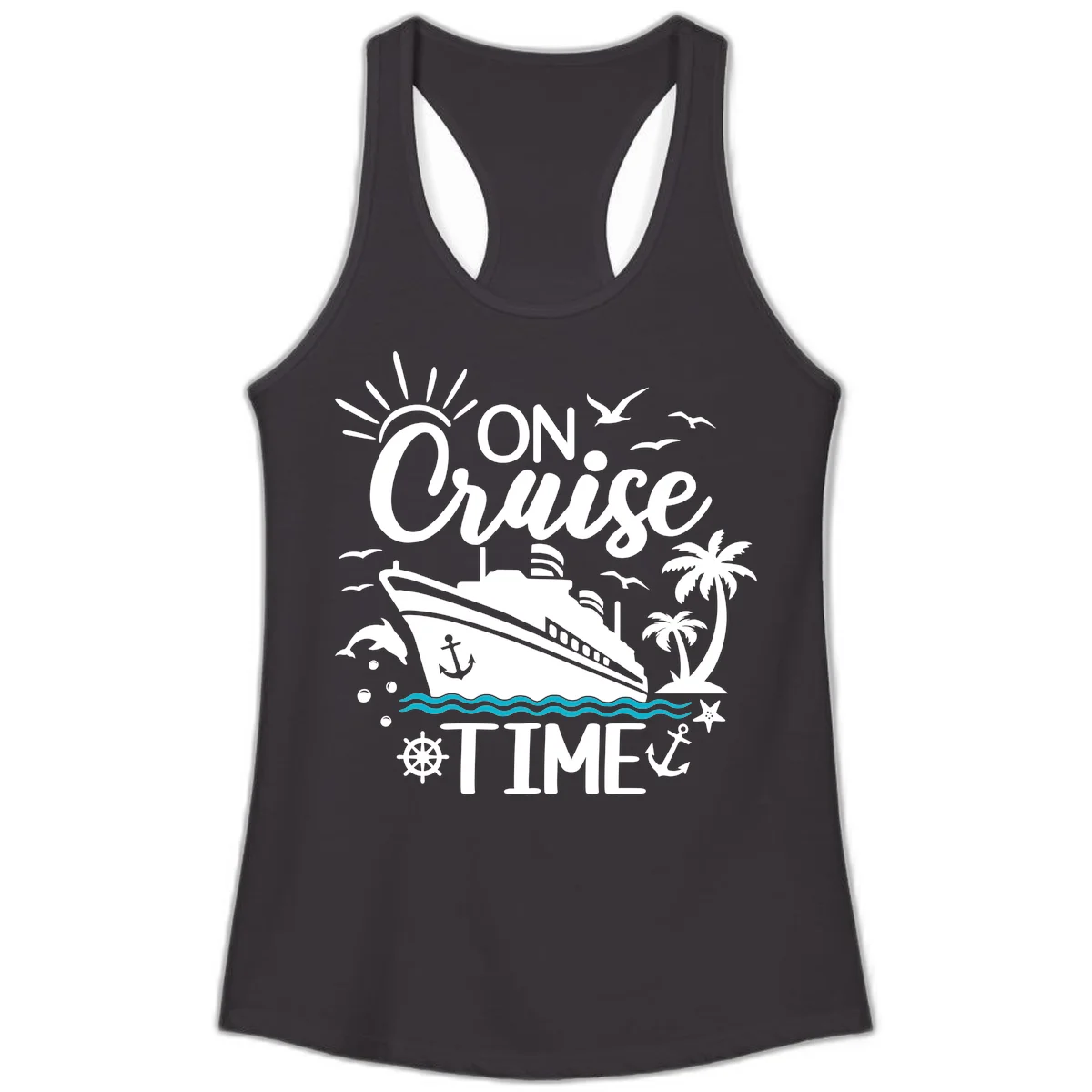 On Cruise Time Ladies Racerback Tank for Vacation in Black