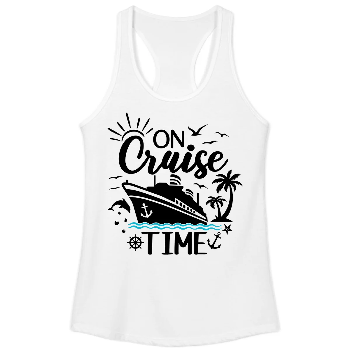 On Cruise Time Ladies Racerback Tank for Vacation in White