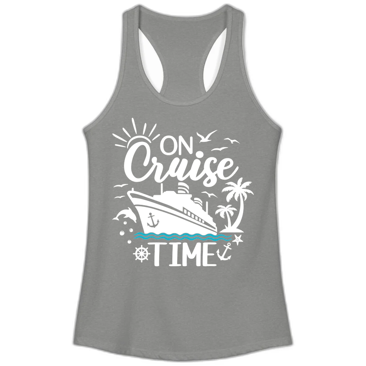 On Cruise Time Ladies Racerback Tank for Vacation in Heather Grey